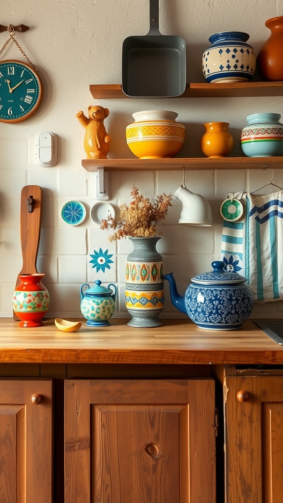 Colorful pottery accents in a rustic kitchen setting, including vases and teapots on wooden shelves.