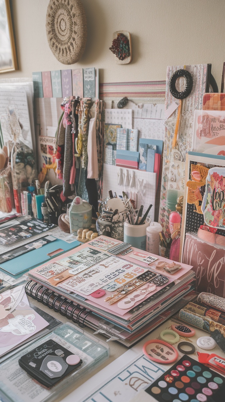 A vibrant scrapbooking workspace filled with colorful supplies, clocks, and personal touches.