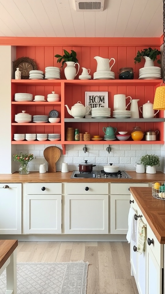 Bright orange shelving unit displaying dishware and decorative items in a farmhouse kitchen.