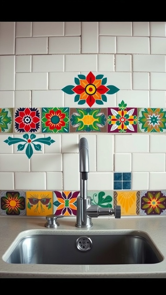 Colorful sink backsplash with floral patterns above a sink.