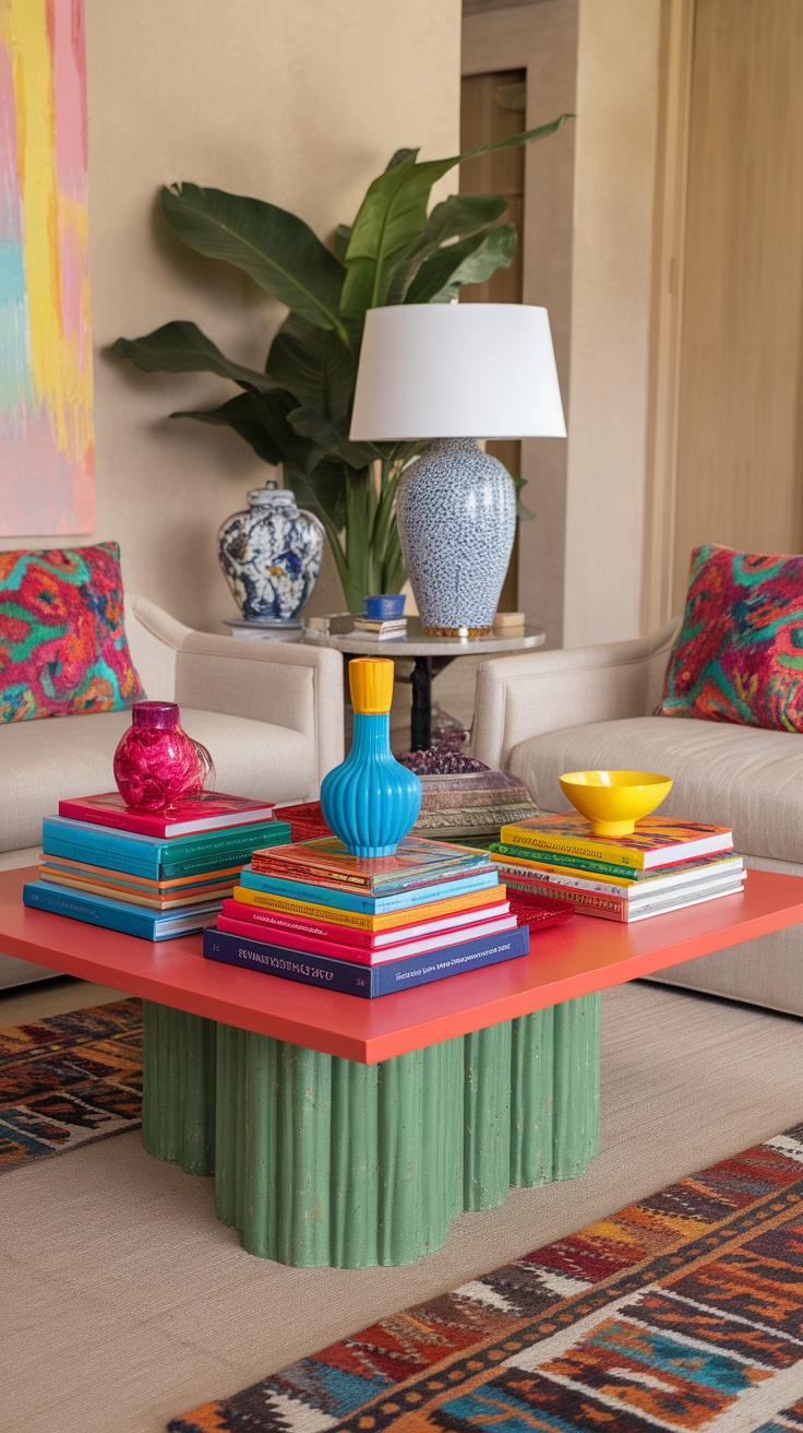 A colorful stack of books on a coffee table with a small vase and flowers on top.