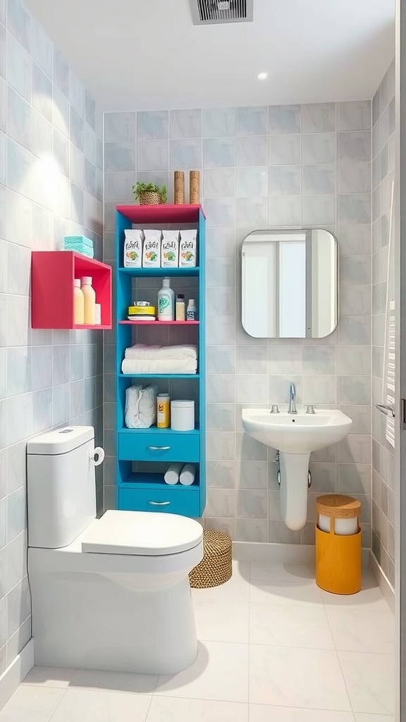 A colorful bathroom with blue and pink storage solutions against light tiles