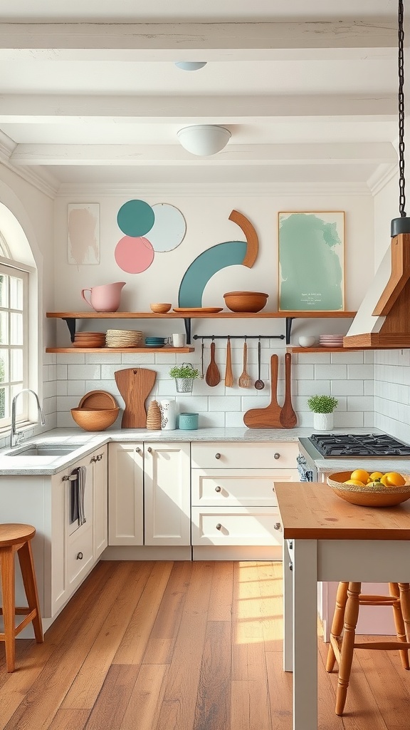 Bright farmhouse kitchen with colorful swatches on the walls and wooden accents