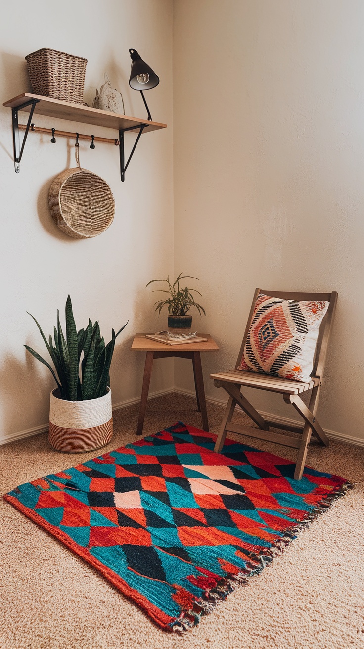 A colorful throw rug displayed on a wooden floor with a simple, light-colored wall in the background.