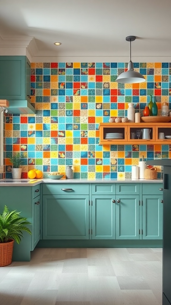 A kitchen featuring a colorful tile accent wall with a variety of bright tiles, teal cabinets, and natural plants
