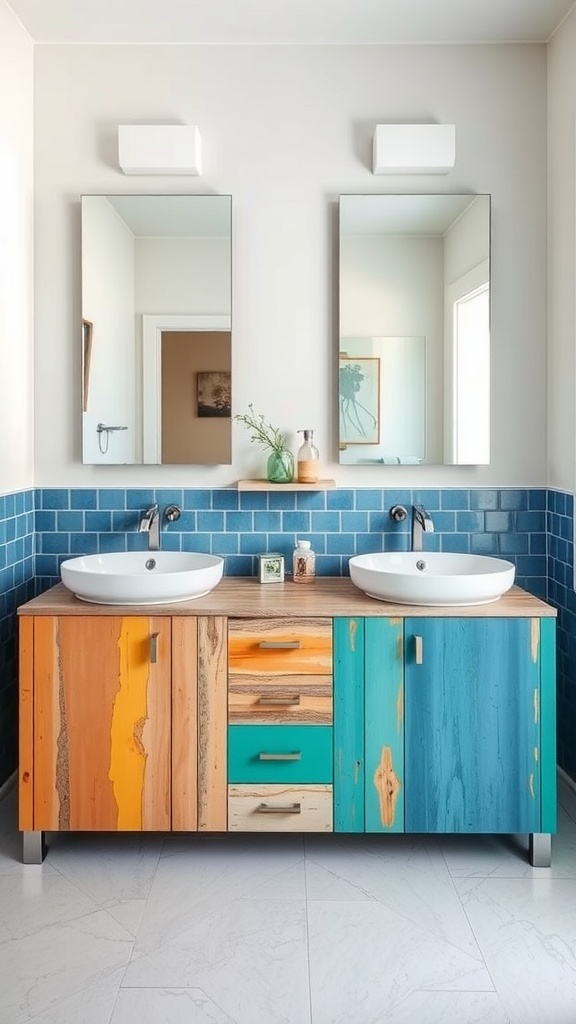 Colorful bathroom vanity with orange, teal, and blue elements and two sinks.