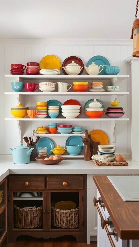 Colorful vintage dishware displayed on open shelves in a farmhouse kitchen