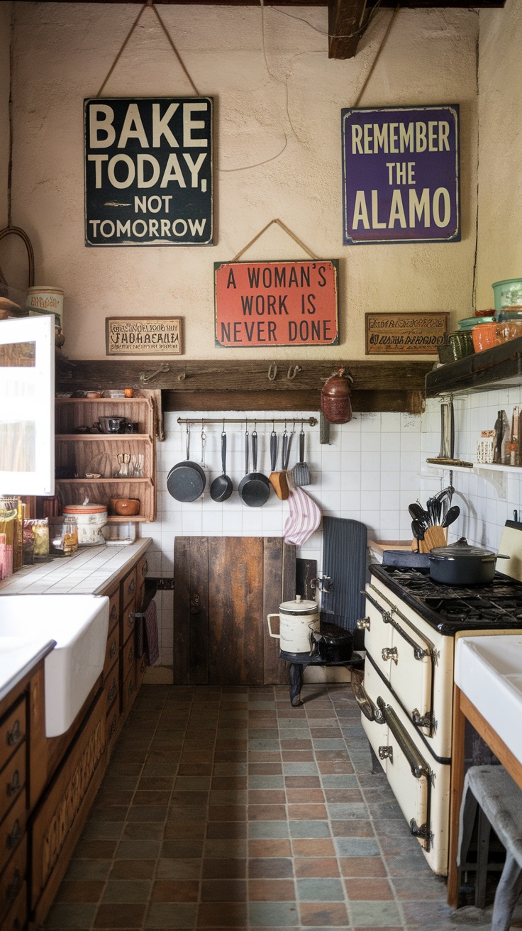 Colorful vintage signs displayed in a farmhouse kitchen