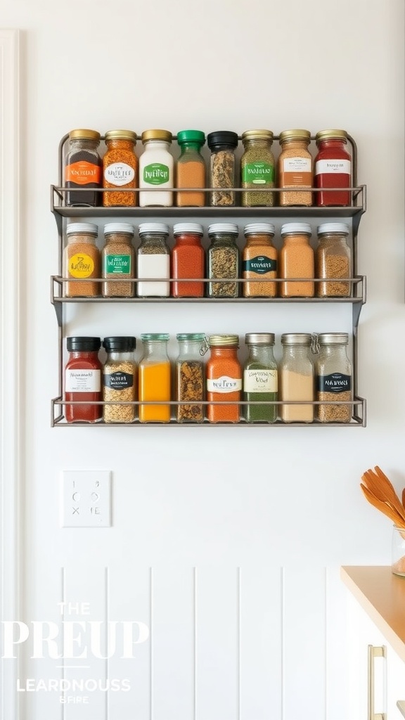 A wall-mounted spice rack filled with colorful spices in jars and bottles