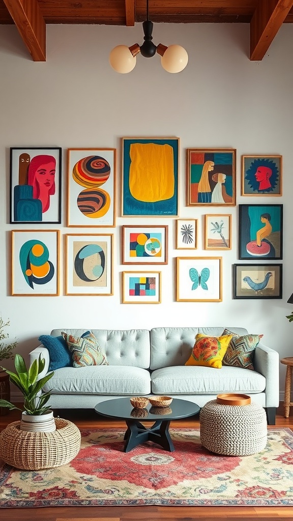 Colorful wall art display in a boho living room, featuring various framed artwork above a light grey couch.