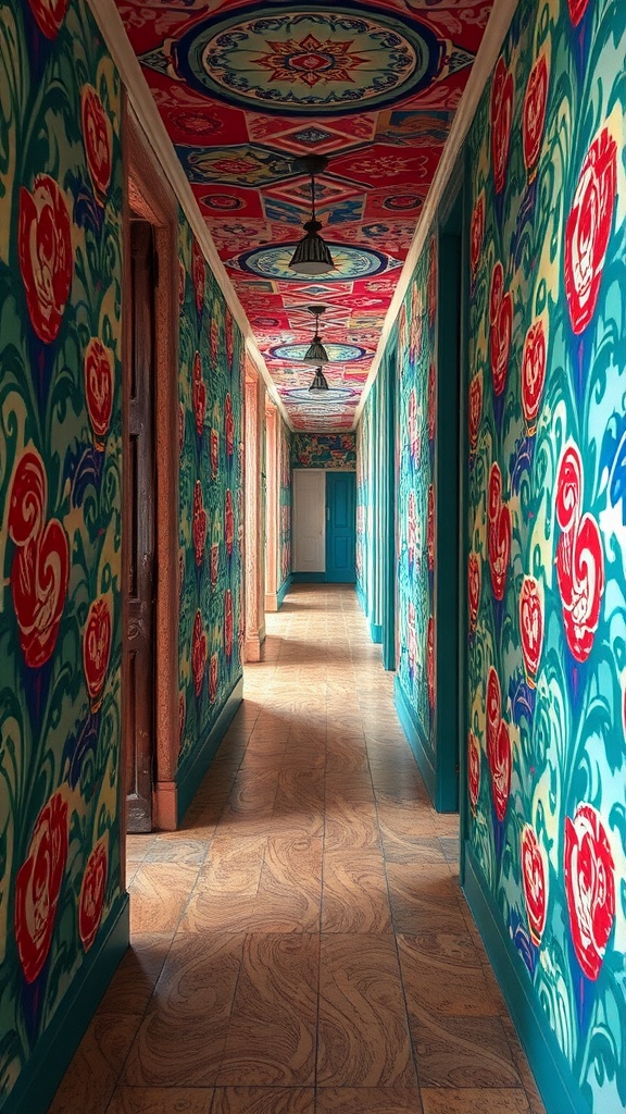 A colorful hallway with floral wallpaper and a patterned ceiling.