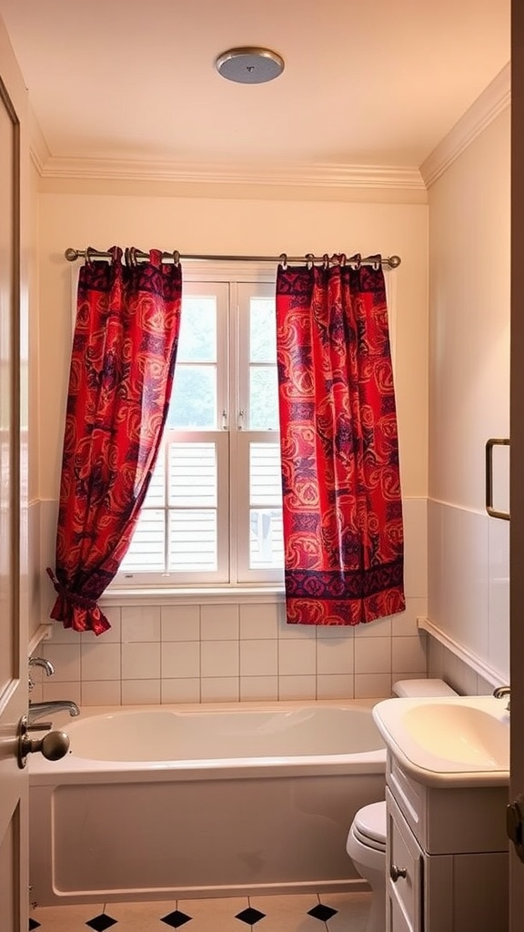 Colorful window treatments in a bathroom with red patterned curtains.