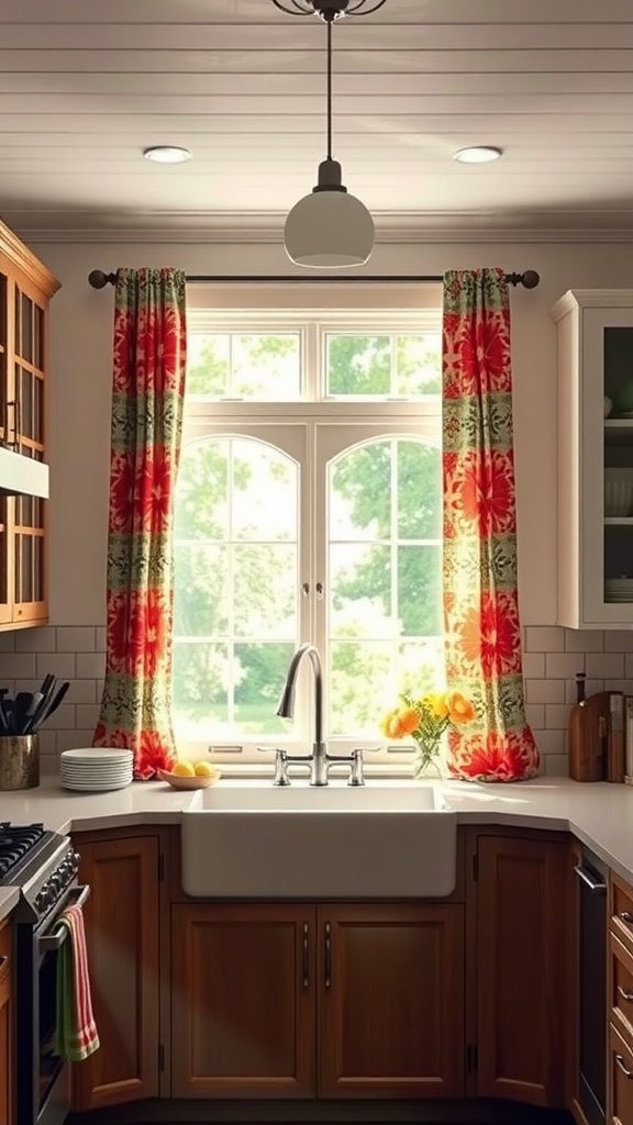 Colorful floral curtains in a farmhouse kitchen, brightening the window area