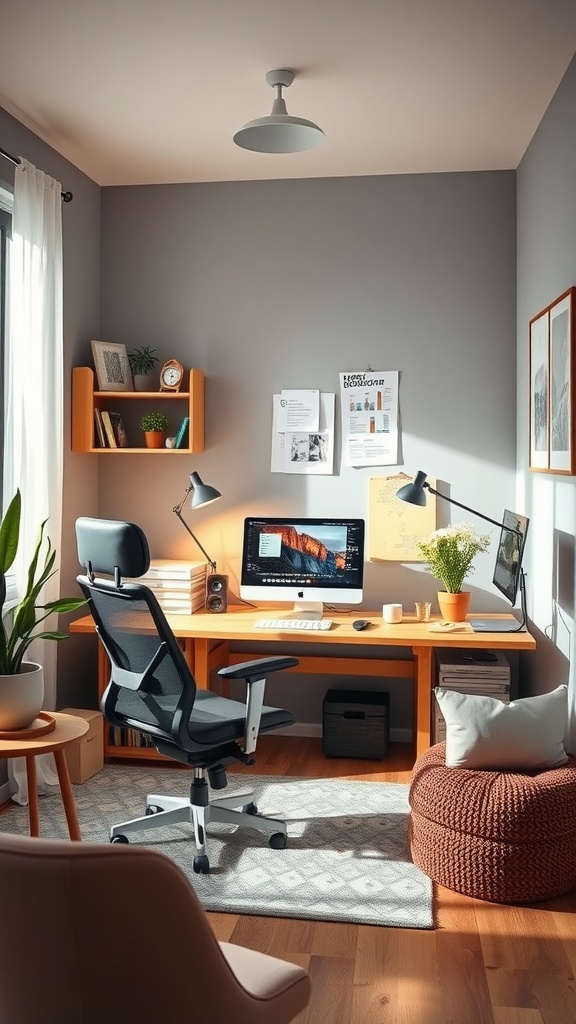 A cozy home office with a wooden desk, ergonomic chair, computer, plants, and a pouf.