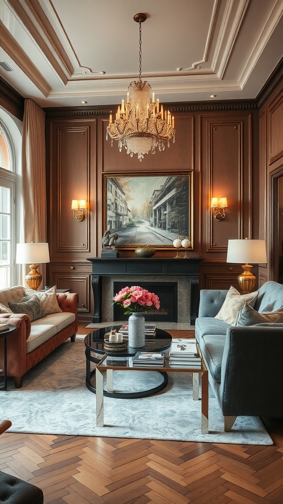 Glamorous living room with leather sofas, chandelier, and elegant decor