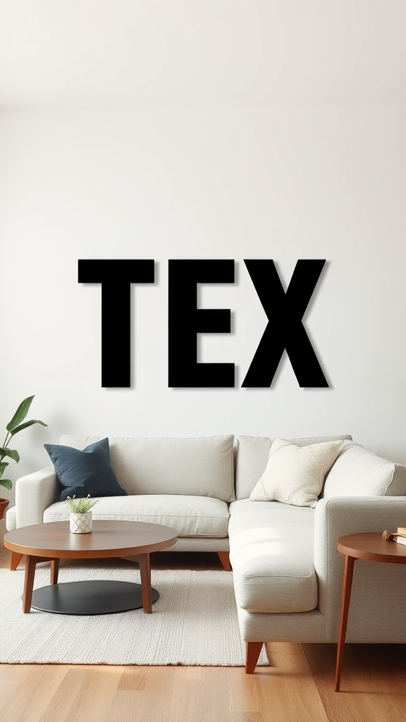 A minimalist living room featuring a light-colored sectional couch, round coffee table, and wall art.