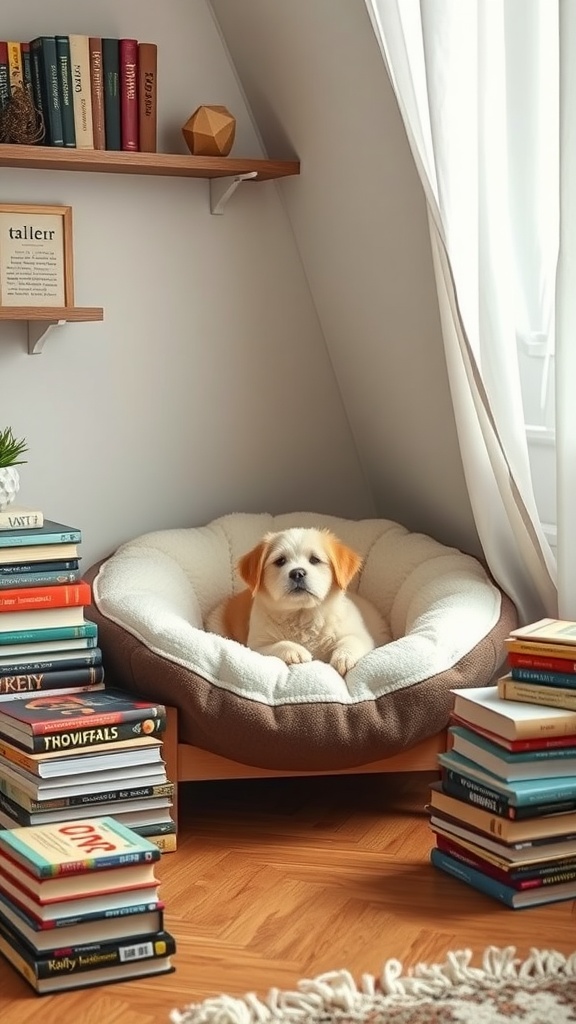 A cozy reading nook featuring a fluffy puppy in a comfortable pet bed, surrounded by stacks of books.