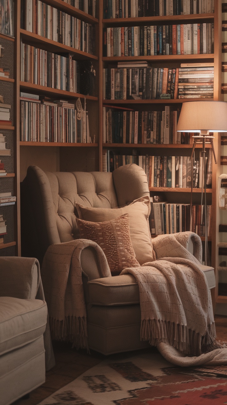 A cozy reading nook with bookshelves, a comfortable chair, and soft throws.