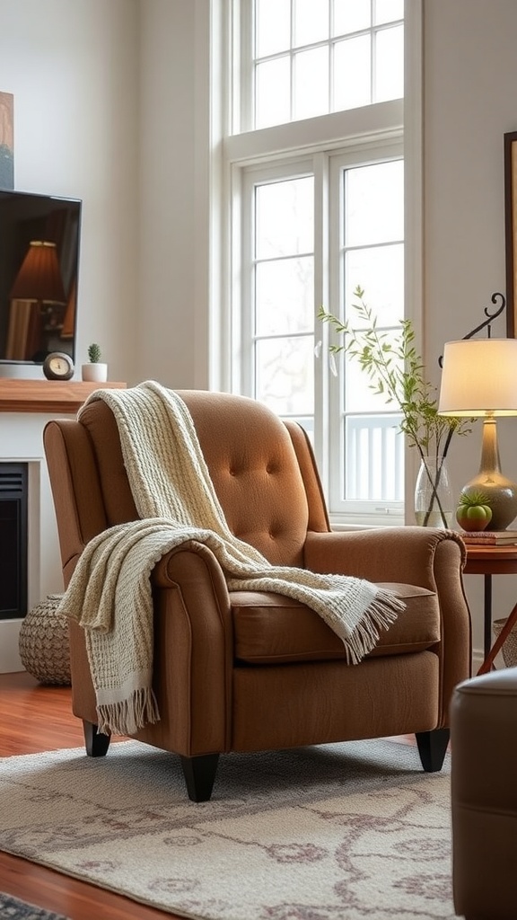 A cozy brown reclining accent chair with a soft throw, placed by large windows in a warm living room.