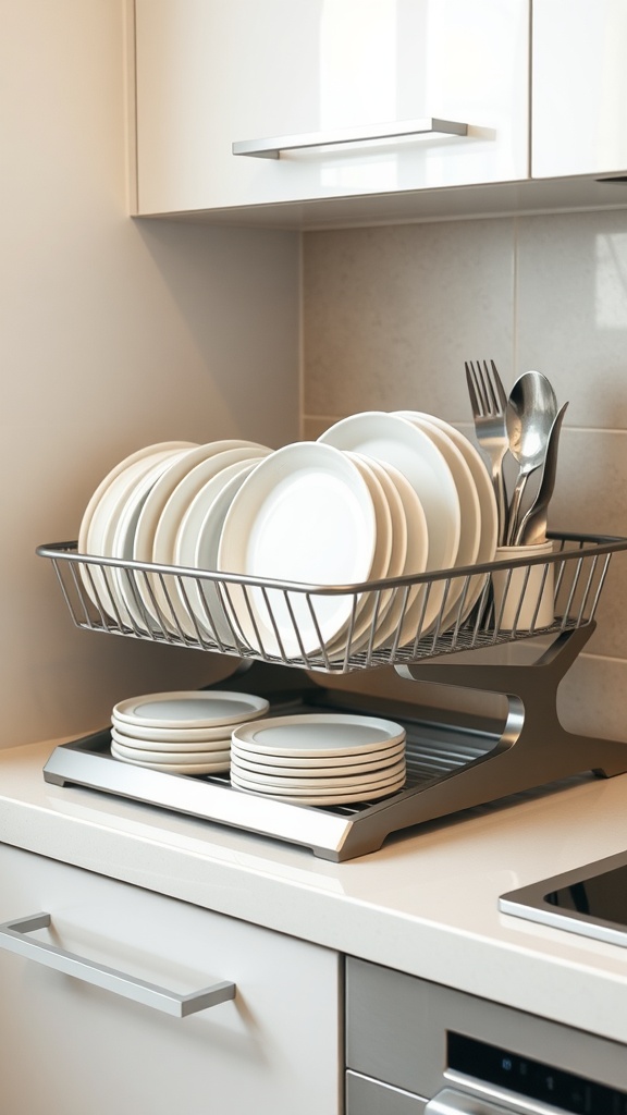 A compact dish drying rack holding clean plates and utensils on a kitchen countertop.