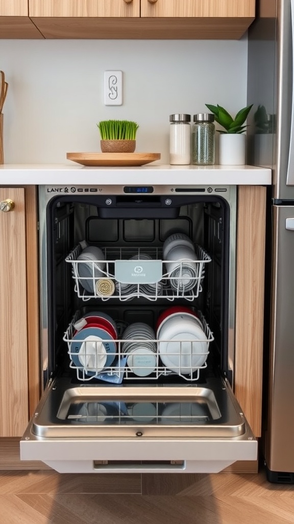 A compact dishwasher with an open door showing clean dishes inside, situated in a modern kitchen.