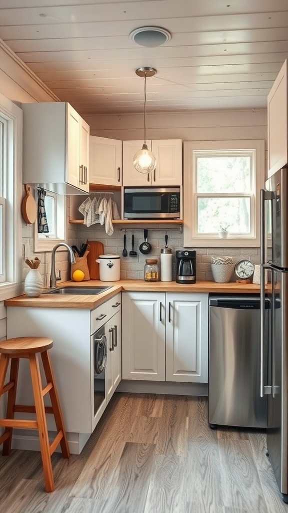 Compact kitchen with light cabinets, wooden countertop, and modern appliances.