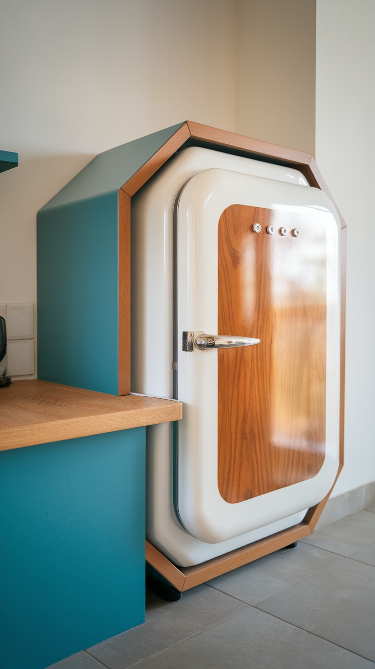 A compact refrigerator in a modern kitchen setting, showcasing a stylish design and effective use of space.