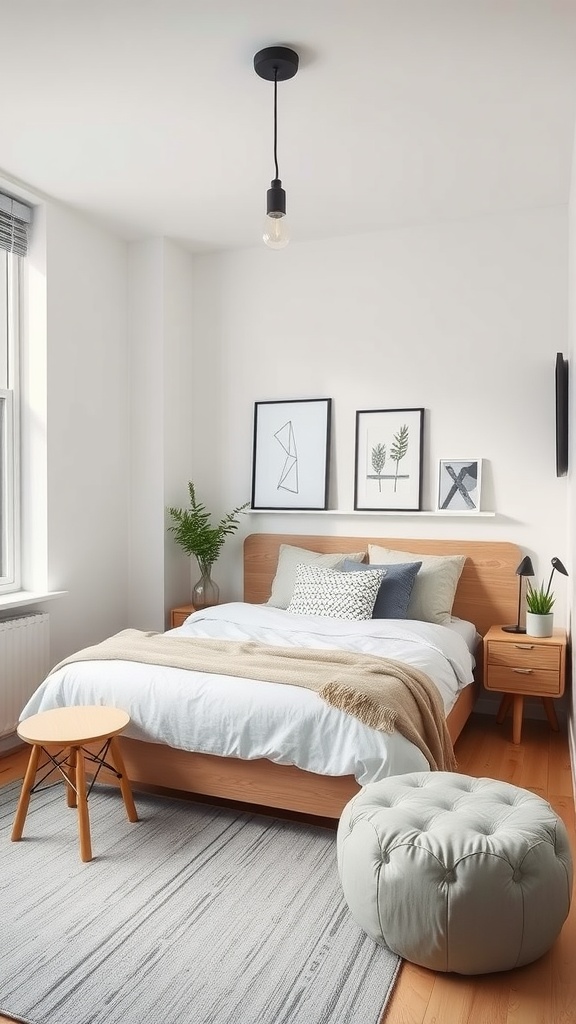 A compact Scandinavian-style bedroom featuring a wooden bed, soft bedding, and minimal decor.