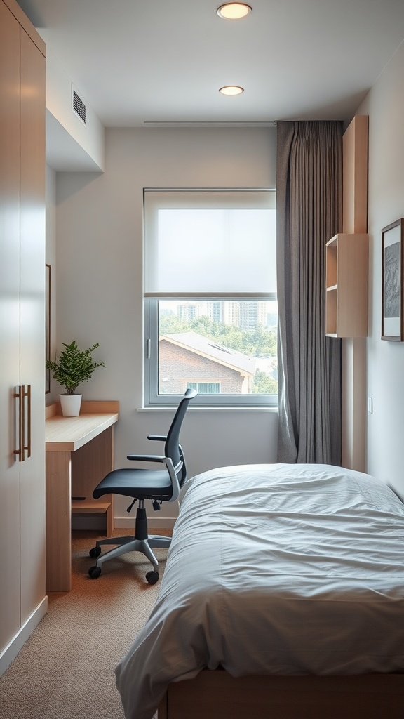 A small bedroom featuring a compact workspace with a desk and chair, natural light from a window, and organized storage.