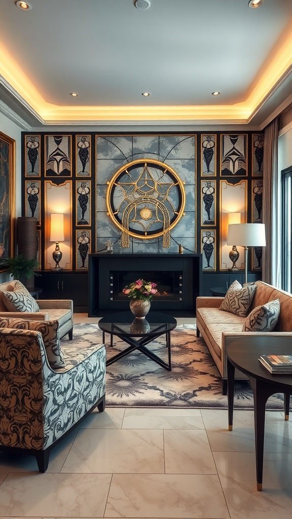 A contemporary Art Deco living room with geometric designs, luxurious seating, and soft lighting.