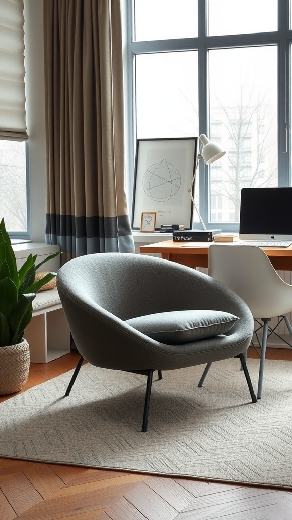 A contemporary barrel chair in gray fabric, with a cozy design and black legs, next to a desk with a plant and light.