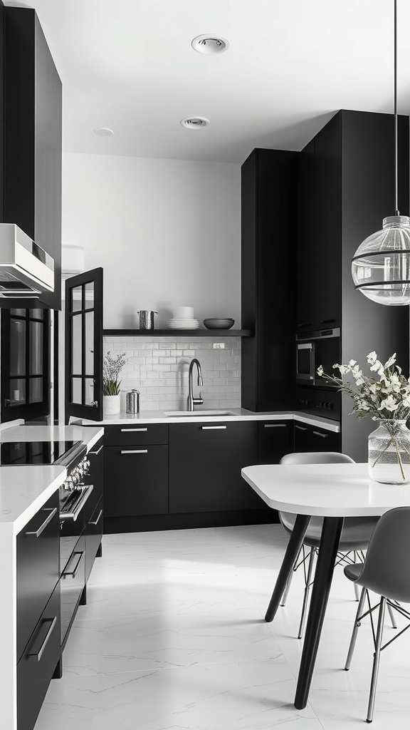 A contemporary black and white kitchen featuring sleek black cabinets, a light countertop, and a small dining table.