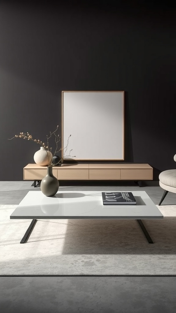 A contemporary coffee table setup featuring a white table, a black and white book, a vase with branches, and a light wood media unit against a dark wall.