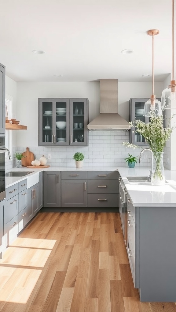 A contemporary coastal kitchen with gray cabinets, white countertops, and wooden flooring.