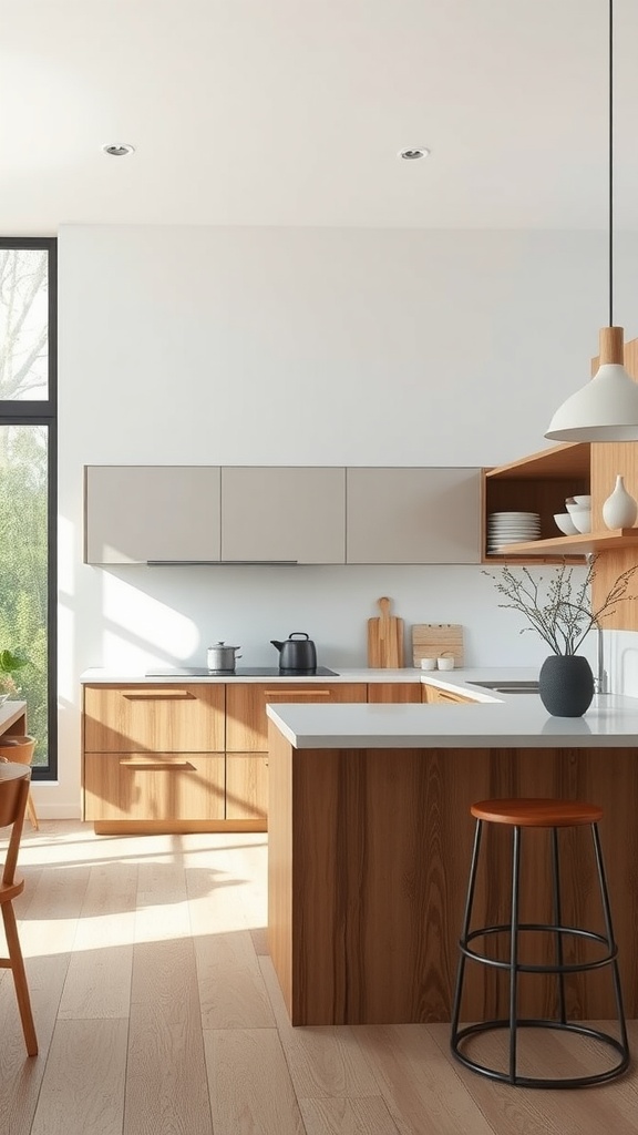 A modern kitchen featuring contemporary floating cabinets with a mix of light and wood finishes.