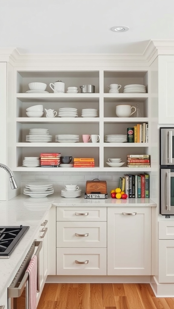 Contemporary kitchen with built-in shelves displaying dishes and cookbooks.