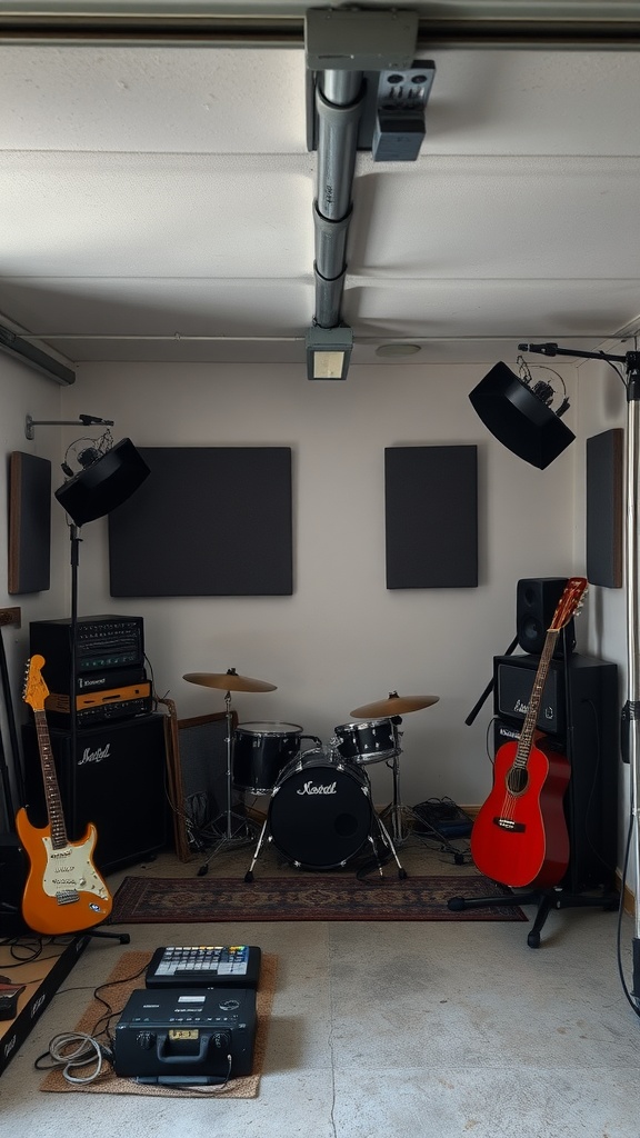 A contemporary music studio setup featuring electric guitars, a drum set, and sound equipment.