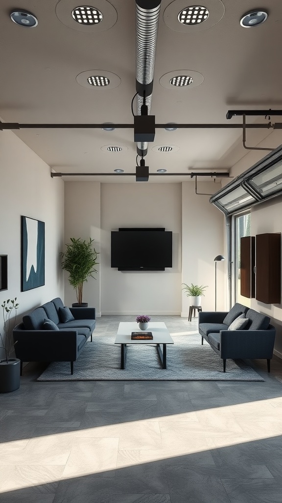 A contemporary office space converted from a garage featuring modern furniture, natural light, and plants.