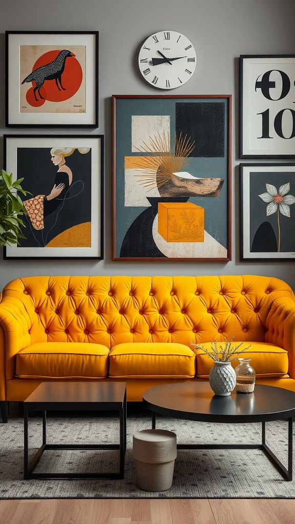 A contemporary tufted sofa in bright yellow, surrounded by framed artwork and minimalist furniture.