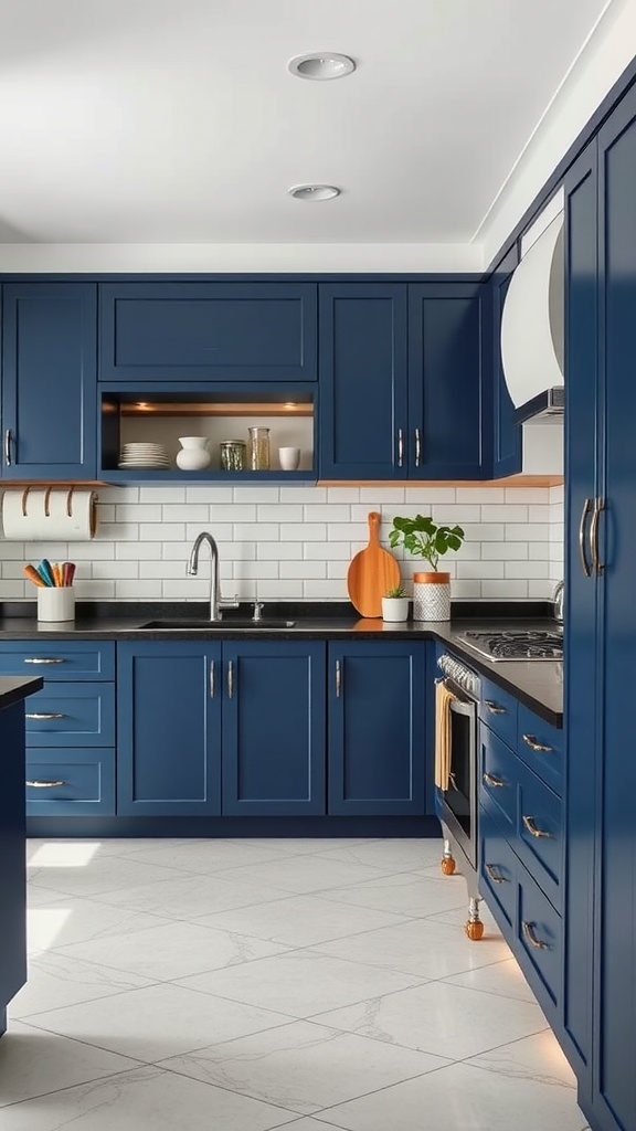 A contemporary kitchen with deep blue cabinets and black countertops.