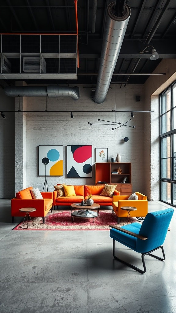 Living room featuring contrasting color palettes with orange sofa and blue chair in an urban loft setting.