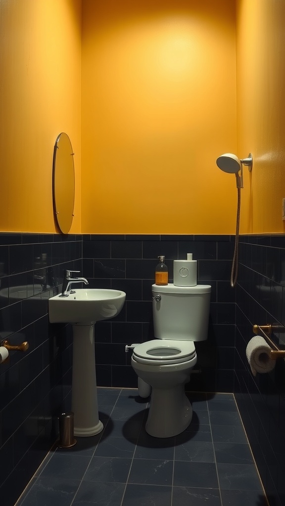 A bathroom with an orange wall and dark blue tiles, featuring a sink, toilet, and shower.
