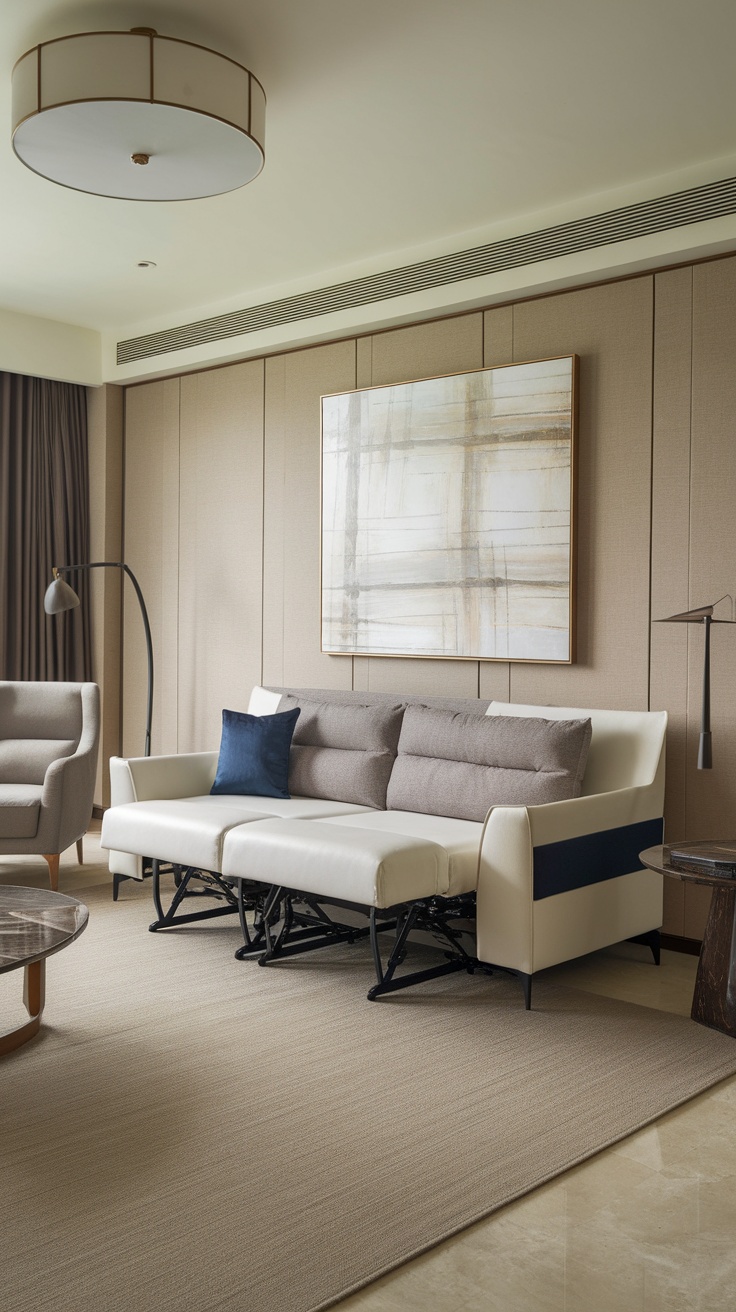 A convertible sleeper sofa in a modern living room setting with colorful cushions and a decorative rug