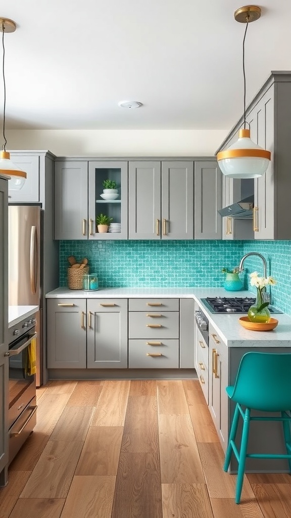 A modern kitchen featuring gray cabinets, teal backsplash, wooden flooring, and stylish lighting.