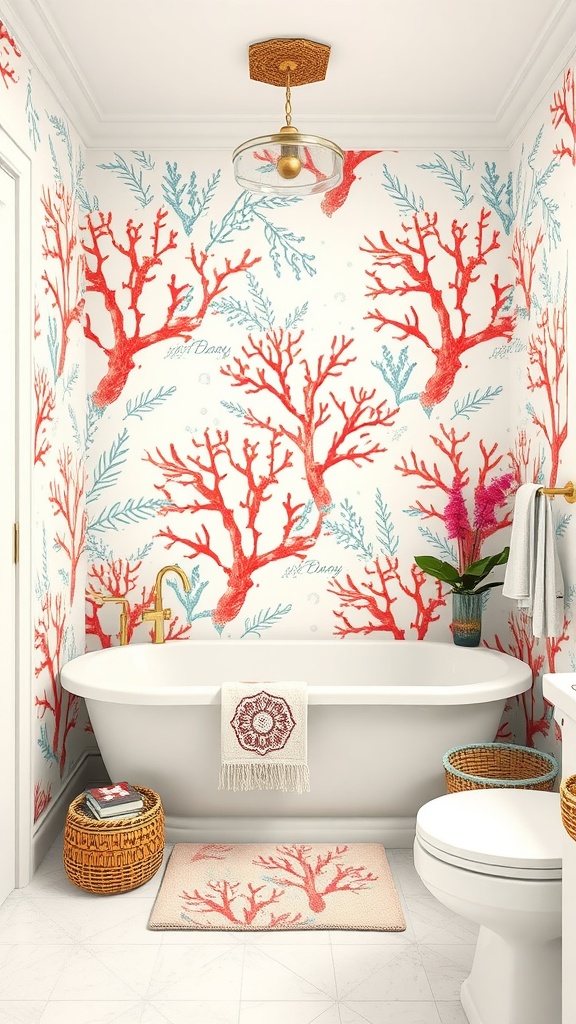 A stylish bathroom featuring coral-themed wallpaper, a white bathtub, and natural decor elements.