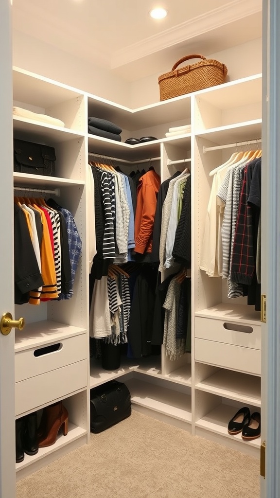 A corner closet featuring white shelving with neatly organized clothes and accessories.