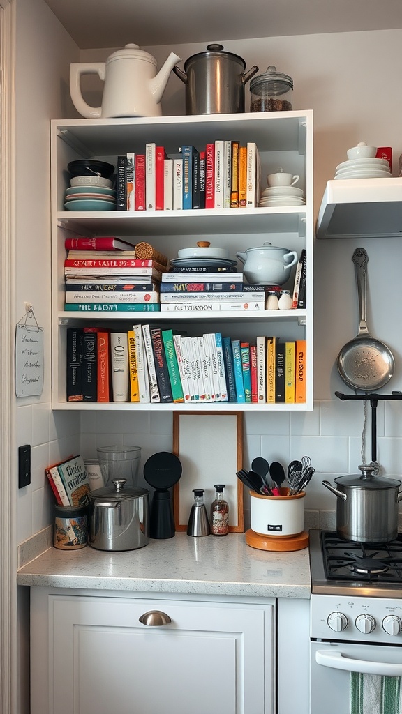 A cozy kitchen corner with a white shelving unit filled with cookbooks, dishes, and kitchen tools.