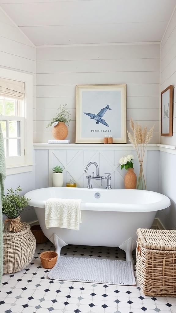 A cozy cottage-style bathroom featuring a freestanding bathtub, natural decor, and a serene atmosphere.