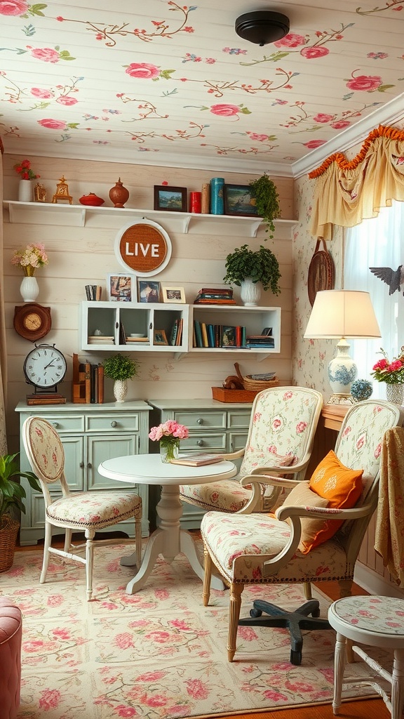 A cozy cottage-style living room with floral decor and vintage furniture.