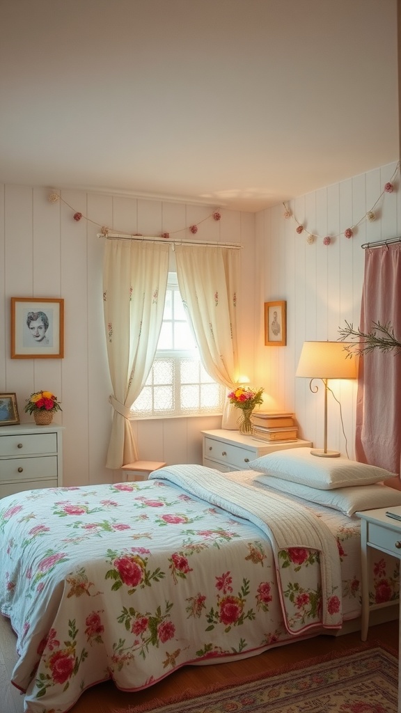 Cozy bedroom with floral bedding and warm lighting